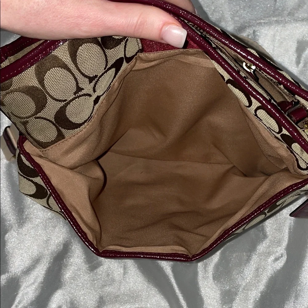 Coach Khaki Signature Crossbody with Burgundy Stripe